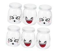 SHINEOFI Pots Yaourt Design Visage Cartoon Chic Réutilisables et Faciles à Nettoyer Lot de 6 Couvercle en Verre Blanc pour Stocker Yaourt et Aliments Faits Maison