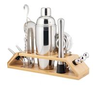SHINEOFI Set Accessoires Bar Acier Inoxydable avec Support Bambou Kit de Shaker à Cocktail pour Préparation de Boissons à Domicile et Bar