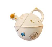 SHINEOFI Tasse à Café en Céramique Blanche Couvercle et Cuillère Design Planète Astronaute Set 1 Pièce Tasse à Lait Créative pour Maison et Bureau Mug Décoratif Multifonction