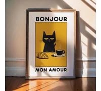 SHINERING Affiche Et Imprimés Humoristiques Sur Toile Avec Chat Et Café « Bonjour Mon Amour » Pour Décoration Murale De Salon 40X50Cm Sans Cadre