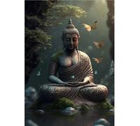 SHINERING Tableau Vintage De Bouddha Dans La Nature Sur Toile Verte, Art Spirituel Et Religieux, Affiche Imprimée Pour La Décoration Murale Du Salon, Format A2 30X40Cm Sans Cadre