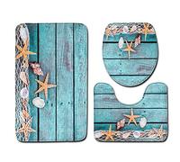 Shinewe Ensemble de tapis de bain 3 pièces en flanelle avec motif étoile de mer sur planche en bois bleu antidérapant pour abattant WC
