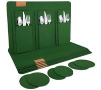 shinfly Lot de 18 Sets de Table en Feutre lavables (44 x 32 cm), 6 Dessous de Verre en Feutre, 6 Sacs à Couverts, Set de Dessous de Table, Dessous de Verre, Assiettes - Vert foncé