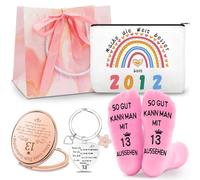 Shining She Cadeau d'anniversaire pour Femmes, 18 21 30 40 50 60 Ans Anniversaire Femmes avec Trousse de Maquillage Porte-Clés Chaussettes Roses Miroir Cosmétiques Cadeaux (13 Ans)