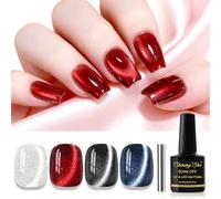 Shining She Cat Eyes Ongles Semi Permanent, 4 Couleurs Argent Rouge Noir Bleu Pailleté Holographique Magnétique Semi-permanent avec Bâton Magnétique Soak Off UV/LED pour Salon DIY Home, 8 ML