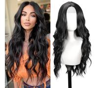 SHINLEA Perruque noire pour femme de 66 cm de long, ondulée, en fibre synthétique résistante à la chaleur, avec raie au milieu, pour le quotidien, les fêtes, Halloween et