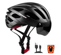 Shinmax Casque Velo Homme Femme, Casque Vélo avec Lumière USB Rechargeable Casque Velo avec Magnétiques Visière UV de Protection Casque VTT Autocollant Lumineux 57-62CM(RC-049)