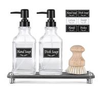 Shinowa Lot de 2 distributeurs de Savon de Cuisine pour évier de Cuisine avec Plateau en Pierre Absorbant l'eau, 510,3 g en Verre épais avec Pompe, Accessoires de décoration de Salle de Bain élégants