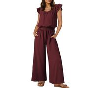 SHINROAD Combinaison à jambes larges de couleur unie pour femmes, en polyester, barboteuse d'été décontractée avec manches à volants et poches à cordon de serrage, col rond, rouge vin, S