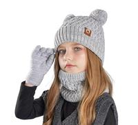 SHINROAD Ensemble cache-cou tricoté pour garçons et filles avec bonnet, gants, écharpe, ours avec pompon doublé en polaire pour enfants de 4 à 10 ans, confortable et froid, gris, S