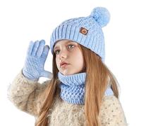 SHINROAD Ensemble cache-cou tricoté pour garçons et filles avec bonnet, gants, écharpe, ours avec pompon doublé en polaire pour enfants de 4 à 10 ans, confortable et froid, bleu clair, S