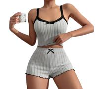 SHINROAD Ensemble de 2 pièces avec pantalon à taille élastique, coupe ajustée, vêtements de nuit pour femmes, pyjama d'été à bords froncés, sans manches, dos nu, avec dentelle, gris, S