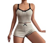 SHINROAD Ensemble de 2 pièces avec pantalon à taille élastique, coupe ajustée, vêtements de nuit pour femmes, pyjama d'été à bord froncé, sans manches, dos nu, avec dentelle, jaune, XL