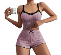 SHINROAD Ensemble de 2 pièces avec pantalon à taille élastique et coupe ajustée pour femme, pyjama d'été à bords froncés, dos nu, court avec dentelle