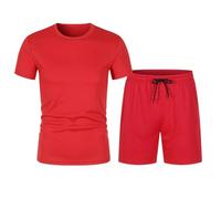 SHINROAD Ensemble de vêtements de sport pour hommes 2 pièces col rond manches courtes t-shirt taille élastique cordon réglable short respirant rouge M