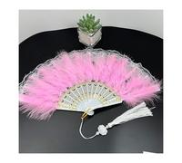 SHINROAD Éventail pliable à plumes vintage en dentelle avec pompons portable pour l'été, tenue à la main pour danse, spectacles, thé, fête, utilisation décorative, léger, rétro, rose