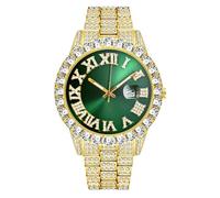 SHINROAD Montre pour homme avec cadran rond et strass brillants incrustés Hip Hop Mouvement à quartz en acier inoxydable Couleurs assorties, Vert, Style de cadran
