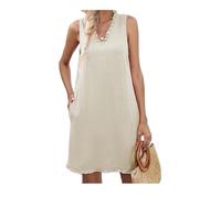 SHINROAD Robe décontractée à coupe ample pour femme - Midi avec poches - Col en V - Sans manches - Ourlet plissé - Pompons - Léger - Couleur unie - Ligne A pour, abricot, M