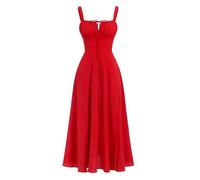 SHINROAD Robe d'été décontractée bohème florale réglable avec cordon de serrage - Coupe carrée - Tenue midi pour festivals, rendez-vous galants, mariages, plage, Rouge, XL