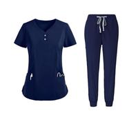 SHINROAD Tenue de personnel hospitalier 2 pièces/ensemble unisexe, col en V, manches courtes, poches, haut à taille élastique, pantalon à séchage rapide, bleu marine, M