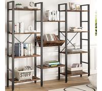 Shintenchi Bibliothèque industrielle à triple 4 niveaux de 181,9 cm avec 11 étagères ouvertes, grande étagère ouverte pour tourne-disque, pour la maison et le bureau, marron rustique