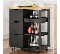 Shintenchi Chariot de cuisine avec rangement, îlot de cuisine roulant, table d'appoint sur roulettes avec plan de travail, 3 étagères ouvertes et 3 tiroirs pour cuisine, salle à manger, noir