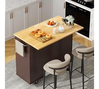 Shintenchi Îlot de cuisine avec feuille rabattable, table roulante avec rangement, armoire de cuisine à roulettes avec coin salon pour cuisine, chariot de bar avec armoire, marron