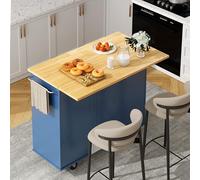 Shintenchi Îlot de cuisine avec feuille rabattable, table roulante avec rangement, armoire de cuisine à roulettes avec coin salon pour cuisine, chariot de bar avec armoire, bleu