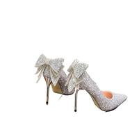 Shiny Bowknot Thin Heels Pumps Women Slip-on Bling Crystal Party Shoes Woman Sexy Pointed Toe Glitter High(Silver 9cm,Color36)