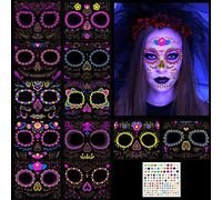 Shinybox 13 Fogli Halloween Tatuaggi Viso Temporanei, 12 Fogli Halloween Tatuaggio Temporaneo Luminoso Adesivi e 1 Fogli Adesivo Gemma, Halloween Tatuaggi Temporanei, Halloween Party Trucco(A)