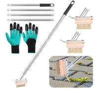 Shinybox Brosse à Mauvaises Herbes, 160 cm Manche en Acier Inoxydable avec 2 Brosses à Joints et Gants de Jardinage, Brosse pour Enlever la Mousse et Les Mauvaises Herbes des Jointures de Pavés
