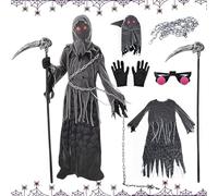 Shinybox Halloween Deguisement Faucheuse Enfant, Costume Faucheur Enfants avec Hache de la Mort, Gants, des Lunettes Lumineuses, Chaîne et un Masque, Costume de Cosplay de Carnaval d'Halloween(L)