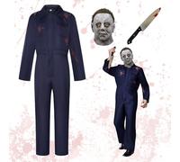 Shinybox Halloween Michael Myers Costume pour Adultes, Bleu de Combinaison Homme avec Couteau Taché de Sang et Michael Myers Latex Masques, Carnaval Scream Cosplay Costume