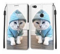 ShinyCase Compatible avec Huawei P8 Lite 2017, PU Leather Protection Cover Emplacement Carte Portefeuille Magnétique Case pour Huawei P8 Lite 2017 Chat Chapeau Bleu