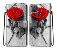 ShinyCase pour Oppo A15/A15S Coque Étui PU Leather Cuir Portefeuille Magnétique Anti-Rayures Protection Cover Emplacement Carte Housse Téléphone Case pour Oppo A15/A15S,Fleur Rose Rouge