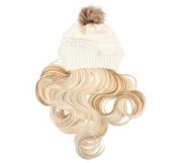 SHINYPASING Bonnet Tricoté Femme avec Postiche Ondulée Amovible, Cheveux Longs Dorés, Bonnet D’hiver Chaud Couvrant Oreilles, Ensemble Accessoire Coiffure Cosplay Élégant, Extensions