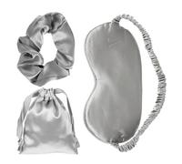 SHINYPASING Masque de Sommeil en Satin Gris Bandeau et Pochette de Rangement, Ensemble 3 Pièces Cache-œil Confortable et Léger, Masque de Voyage Occultant pour Nuits Paisibles et Relaxation