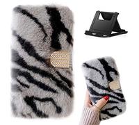 Shinyzone Coque Peluche pour iPhone 7 Plus/8 Plus,Étui Portefeuille en Cuir à Rabat avec Porte Carte, Gris Zèbre Fausse Fourrure de Lapin Cristal Diamant Doux Hiver Chaud Couverture Antichoc