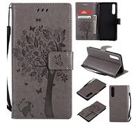 Shinyzone Coque pour Huawei P20 Pro Portefeuille en Cuir,Dessin Animé Mignon Motif Chat et Arbre Papillon Relief avec Porte Carte Fermeture Magnétique Housse Étui,Gris
