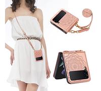 Shinyzone Kompatibel mit Samsung Galaxy Z Flip 4 5G 2022 Hülle mit Kette,Galaxy Z Flip 4 Lederhülle mit Kordel zum Umhängen Abnehmbar,Premium PU Mandala Blume Klappbare Handyhülle,Gold rosa, Or rose