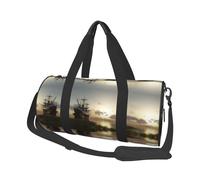 Ship in The Lake Sunset Sac de voyage pour femme et homme, sac fourre-tout rond en polyester imprimé avec bandoulière, Noir , Taille unique