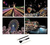 ShipeeKin 4 Images à gratter - 290 x 210 mm - Image Murale - Papier à gratter coloré avec Outils (paysages en Europe)