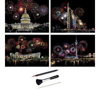 ShipeeKin 4x images à gratter A4 290 x 210 mm Monuments célèbres du monde | Avec tableau mural Papier à gratter coloré - Avec kit d'outils