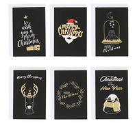 SHIPITNOW Lot de 6 x Carte de voeux Noël Brillante Noire et Dorée avec Enveloppe Blanche - Pack Carte Noel Originale - Design moderne Père Noël, Renne, Cadeau et Motif Noël pour écrire un Mot