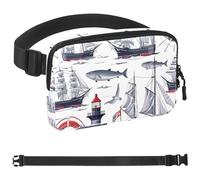Ships and Lighthouses Sac banane en forme de poisson pour homme et femme, sac banane avec poches zippées, sac de taille imperméable avec sangle réglable pour l'entraînement, la course, les voyages, la
