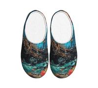 Shipwreck Under The Sea Pantoufles en flanelle pour homme Motif poissons océans Chaussures d'hiver chaudes antidérapantes pour intérieur et extérieur, multicolore, X-Small Men/ Small Women