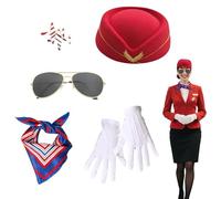 SHIQUAN 5 Pièces Accessoires de Costume d'Hôtesse de l'Air pour Femme, Déguisement Hotesse de l'Air, Inclus Chapeau, Gants, Echarpe, Broche, lunettes de Soleil (Rouge)