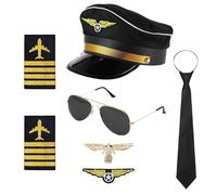 SHIQUAN Accessoires de Costume de Capitaine de Pilote,Set de Capitaine de Pilote Carnaval,Épaulettes Bandes, Chapeau de Aviateur,Pour Les Hommes Adultes pour La Fête Dress up (Noir)