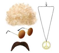 SHIQUAN Ensemble de Costume Hippie,70/80 Déguisement Hippie Années,Ensemble de Perruques Hippies,Lunettes de Soleil,Fausses Moustaches,Collier Signe de Paix,Pour Carnaval Ou Fêtes à Thème