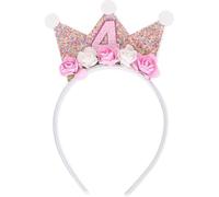 Shirene Couronne d'anniversaire,Bandeau d'anniversaire pour Enfants de 4 Ans,Bandeaux Brillants à Paillettes Couronne Princesse pour Fille Guirlande d'anniversaire pour Enfants avec Fleurs
